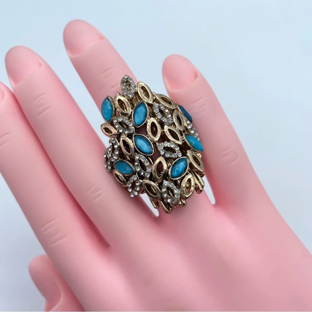 Vintage Gold-Tone Cocktail Ring with Blue Glass and Rhinestones Art Deco Sz 6